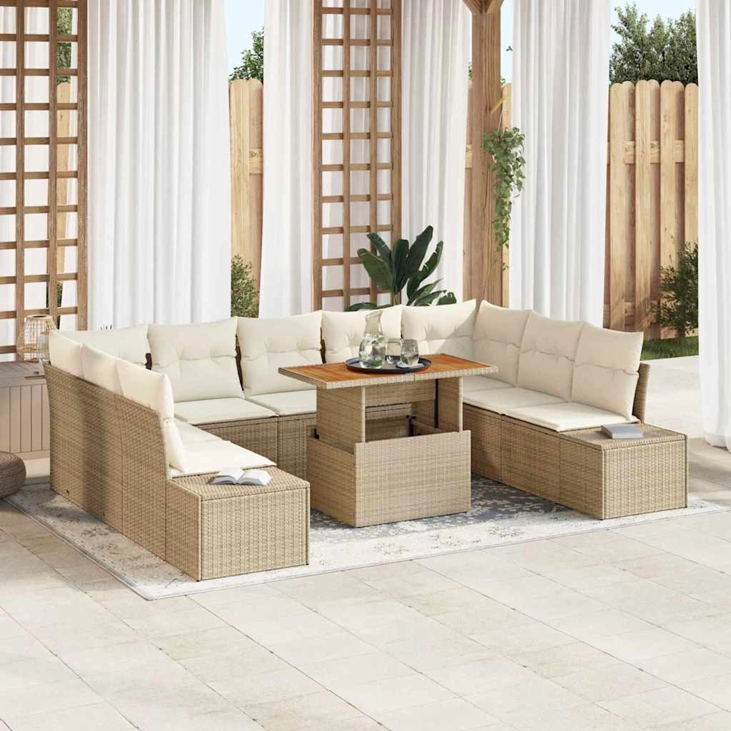 Beiges 10-tlg. vidaXL Garten-Sofa-Set aus Poly Rattan mit Tisch und Stauraum.