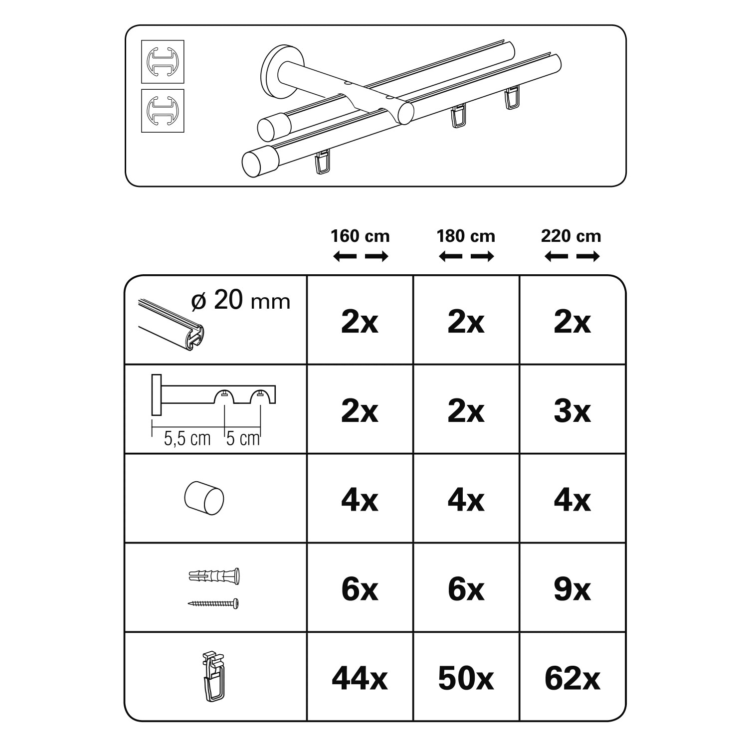 Abbildung der Bestandteile Gardinia Gardinenstangen-Set Isa 2-läufig, Edelstahl, 160cm.