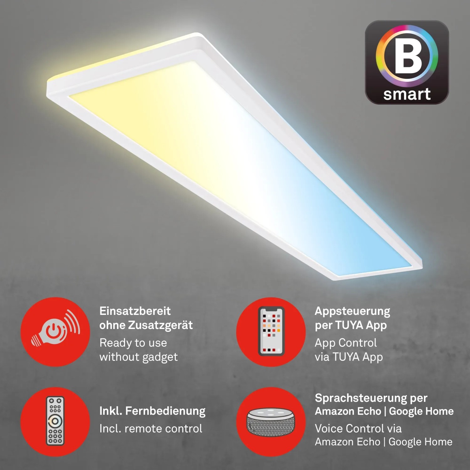 Brilo Wifi-LED Panel Tava, smarte Deckenleuchte mit App- und Sprachsteuerung, CCT Weiß.