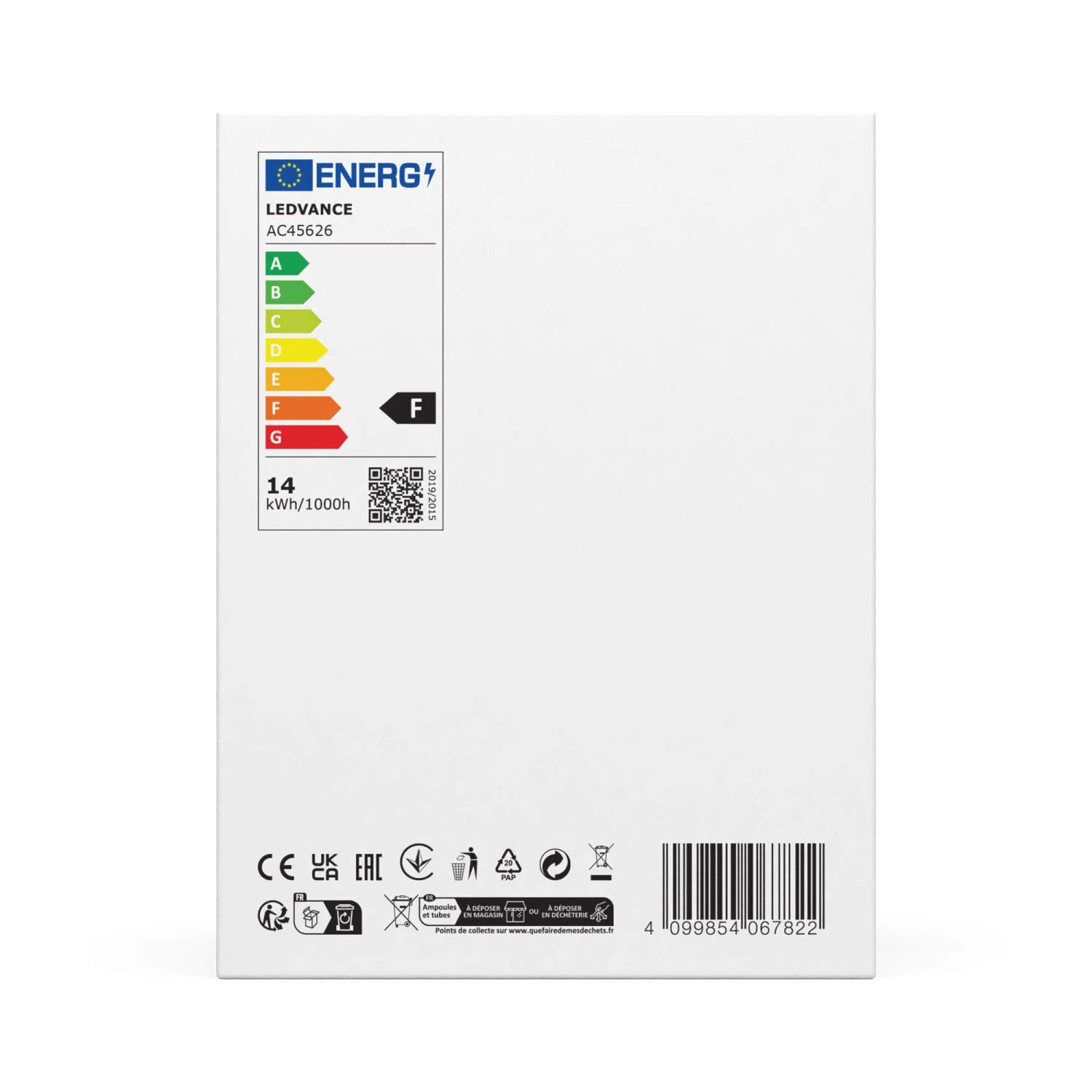 Verpackung der LEDVANCE E27 LED Lampe mit Energieeffizienzklasse F und 13,5 W.
