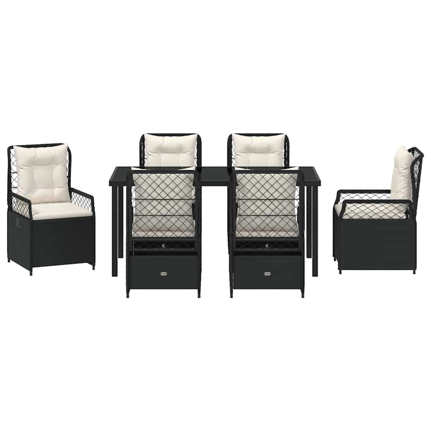 Schwarze 7-teilige vidaXL Garten Essgruppe aus Poly Rattan mit Tisch und Stühlen mit Auflagen.