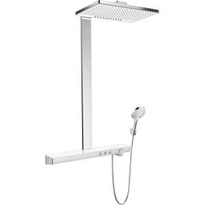 Hansgrohe Rainmaker Select Showerpipe 460: Kopf- und Handbrause mit Thermostat in Weiß-Chrom.