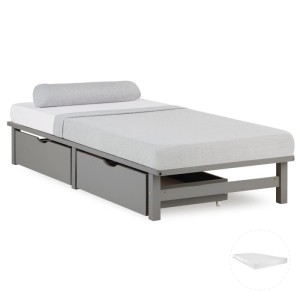 Graues Homestyle4u Holzbett 90x200 im Palettendesign mit Matratze und 2 ausziehbaren Bettkästen.