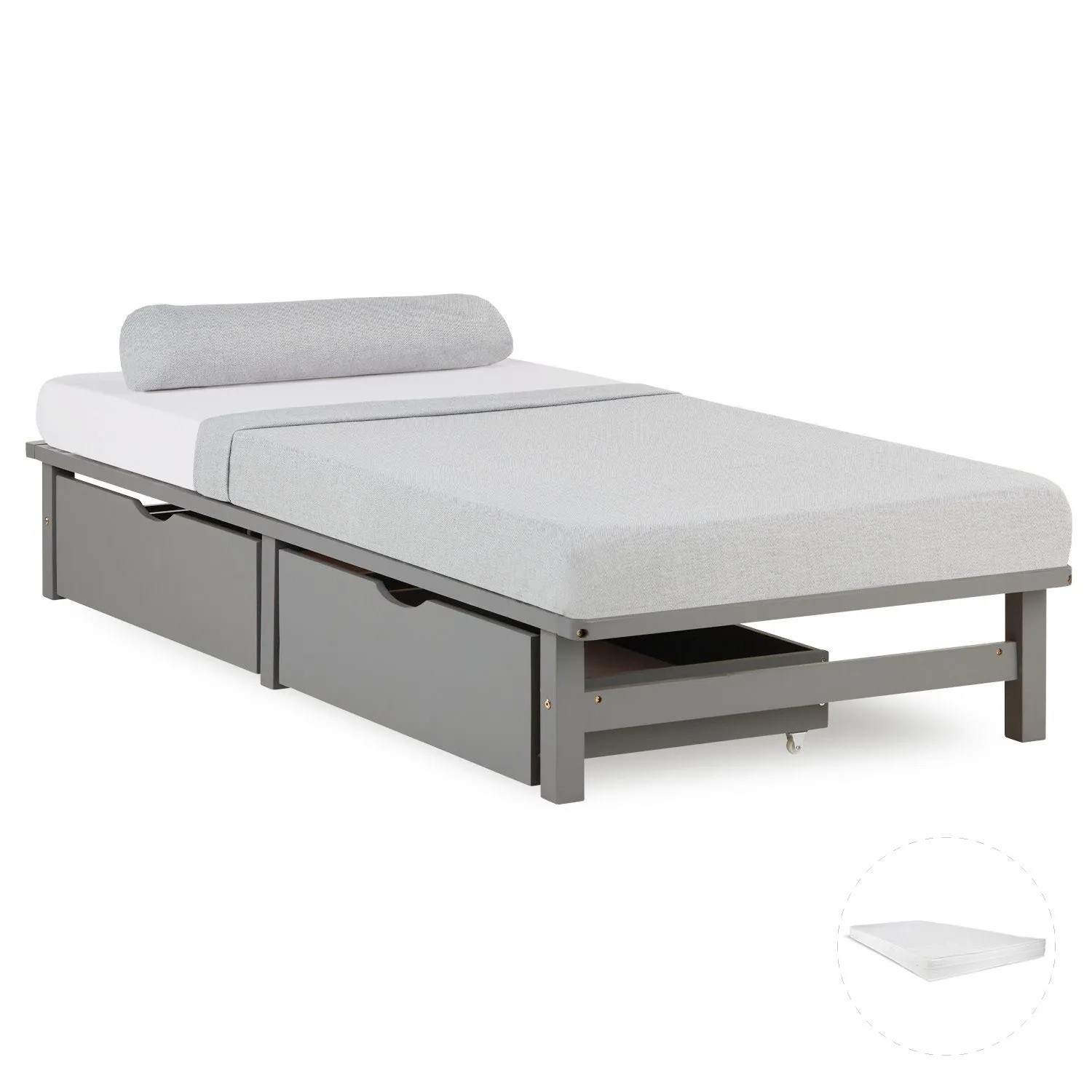 Homestyle4u Holzbett Jugendbett Palettenbett 90x200 mit Matratze 2 Bettkästen Grau 3043