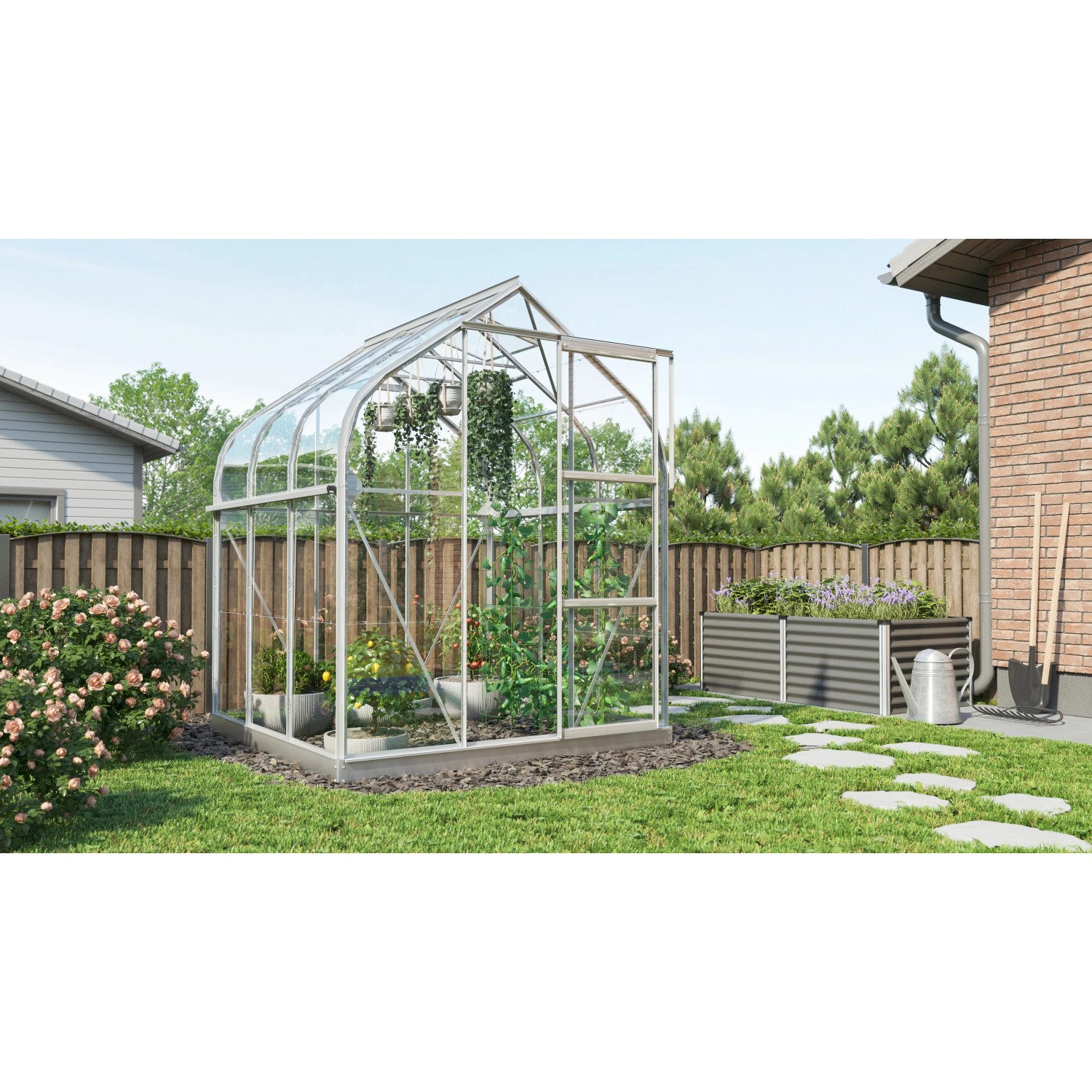 Vitavia Gewächshaus Orion 3800 aus Alu mit Pflanzen im Garten.