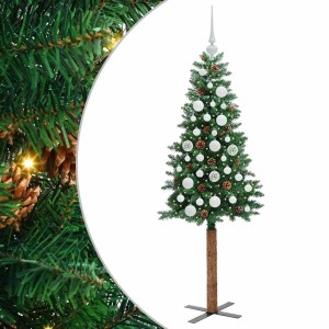 Schlanker grüner künstlicher Weihnachtsbaum 150 cm mit 150 LEDs, weißen Kugeln, Tannenzapfen und Ständer.