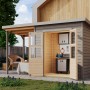 Karibu Gartenhaus Vellinge mit Anbaudach, vorvergraut, 219x208x150 cm. Holz-Gartenhaus mit offener Tür.