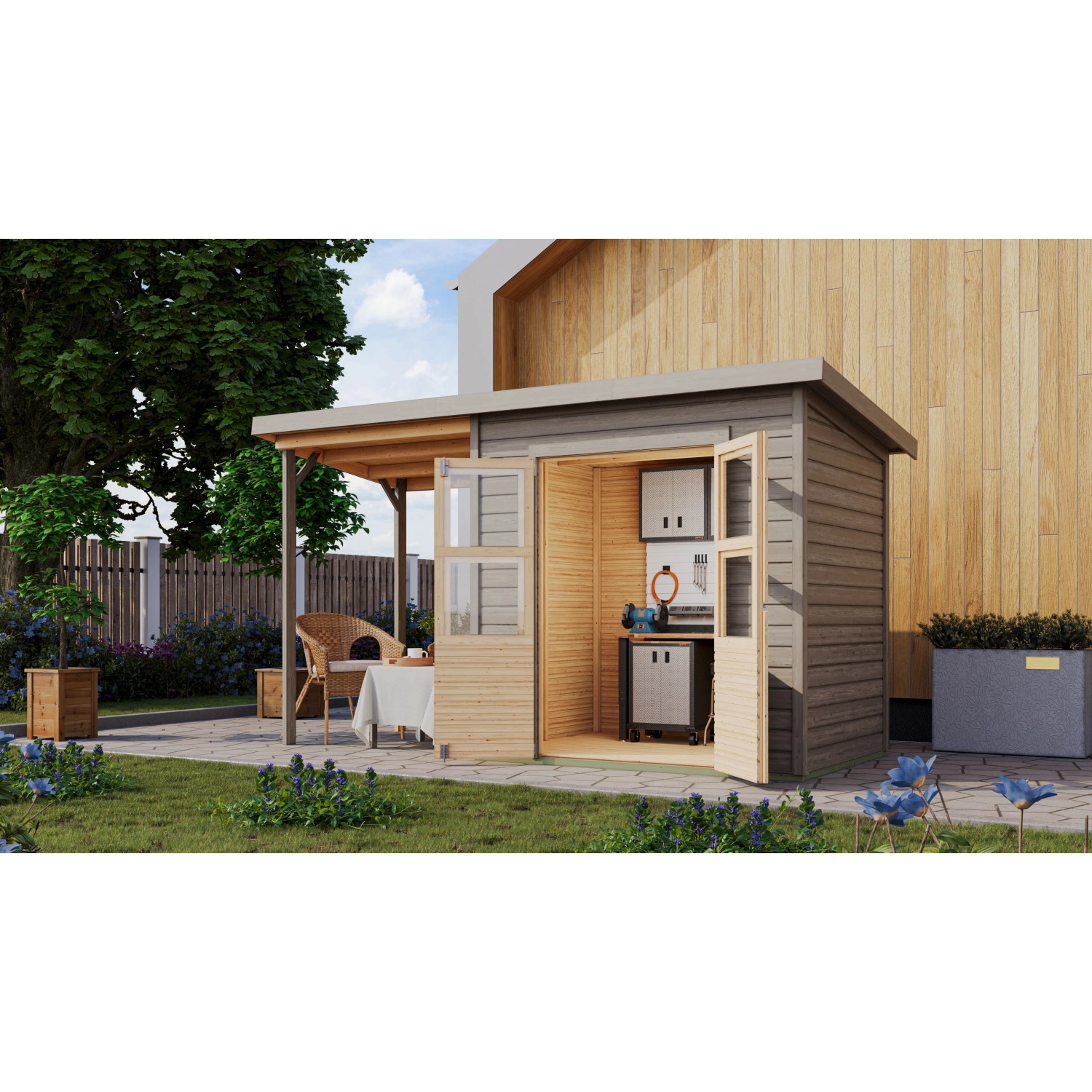 Karibu Gartenhaus Vellinge mit Anbaudach, vorvergraut, 219x208x150 cm. Holz-Gartenhaus mit offener Tür.