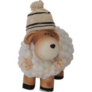 Weiße Gartenfigur Schaf mit Bommelmütze, 19,5 cm, aus Polyresin für den Außenbereich.