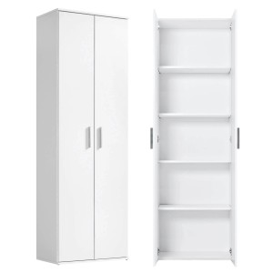 Weißer mokebo Schrank „Der Lange“: Mehrzweckschrank/Büroschrank, geschlossen und geöffnet mit Regalböden.