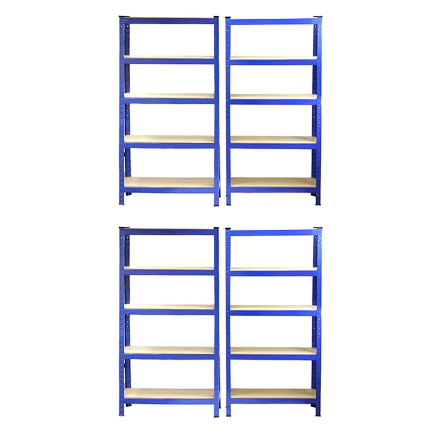 Vier blaue Monstershop T-Rax Lagerregale (75cm) mit je 5 Böden und Gummihammer.