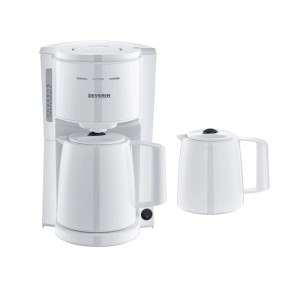 Weiße Severin Filterkaffeemaschine KA 9309 mit zwei Thermokannen für heißen Kaffee.