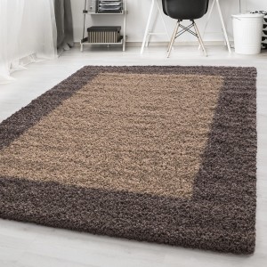 Ayyildiz Hochflorteppich Life 1503 Taupe, 80x150 cm. Shaggy Teppich mit Bordüre in Taupe und Braun.