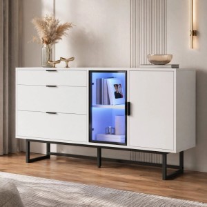 Weißes Sideboard mit 3 Schubladen, Glastür mit blauer LED-Beleuchtung, Türfach. Moderner Buffetschrank Esszimmer.
