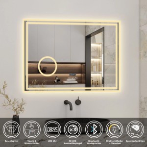 Rechteckiger LED Badspiegel 80x60 cm mit dimmbarer Beleuchtung, Schminkspiegel, Uhr, Bluetooth, Touch & Beschlagfrei.
