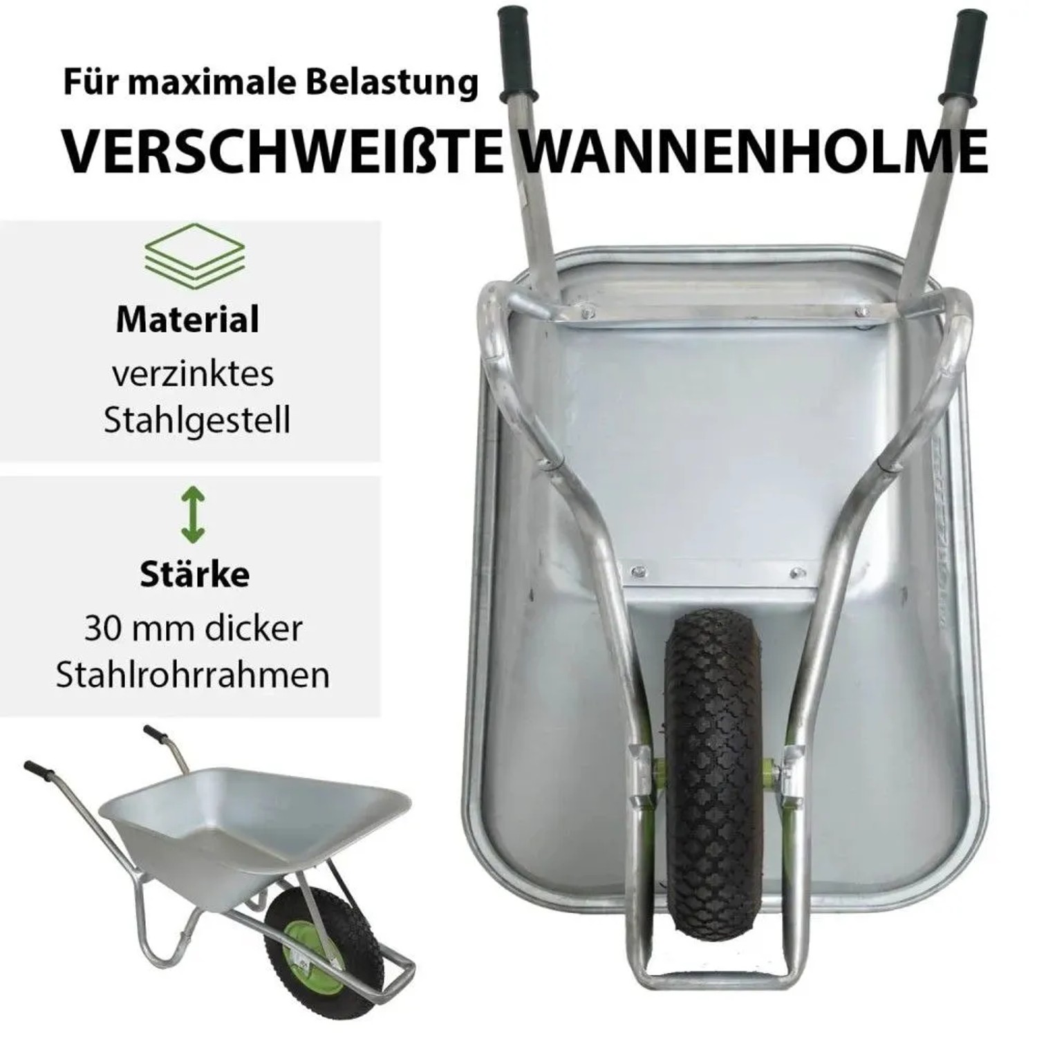 TRUTZHOLM Schubkarre, 100L, verzinkte Stahlmulde, Luftrad auf Stahlfelge. Ideal für Garten und Bau.