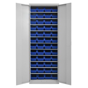 PROREGAL Flügeltürenschrank mit 48 Sichtlagerkästen, lichtgrau. Aktenschrank für Werkstatt und Lager.