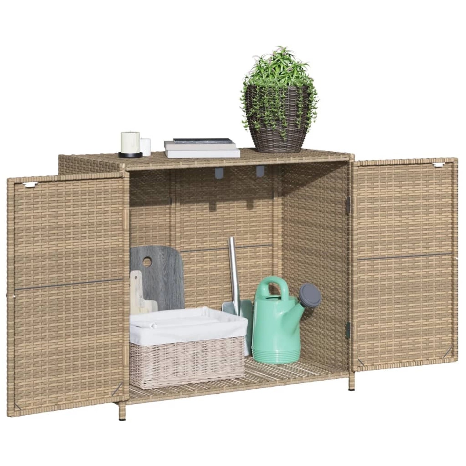 Beiger VidaXL Gartenschrank aus Poly Rattan, 83x45x76 cm, mit geöffneten Türen und Gartenzubehör.