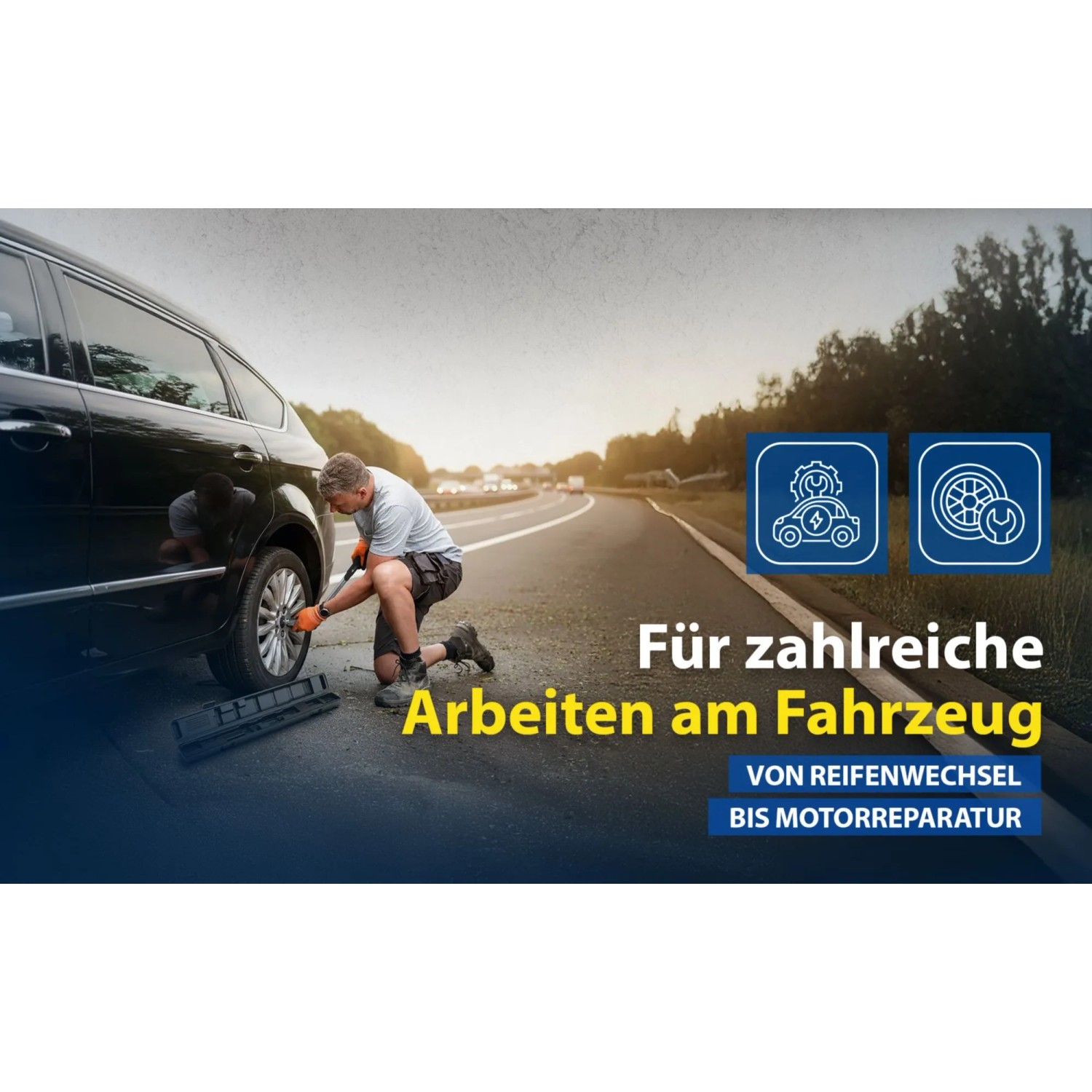 Mann wechselt Reifen am schwarzen Auto mit Drehmomentschlüssel. Ideal für Autoreparatur, Wartung & Reifenwechsel.