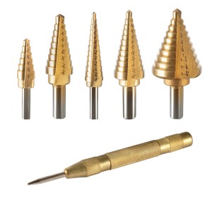 STAHLWERK HSS Stufenbohrer Set, 6-teilig mit TiN-Beschichtung und Automatik-Körner im Alukoffer.