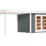Graues Weka Holz-Gartenhaus mit Flachdach und Anbau, lasiert, mit Doppeltür.