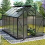 Schwarzes Vitavia Gewächshaus Triton 6200 mit geöffneter Tür und Dachfenster im Garten.