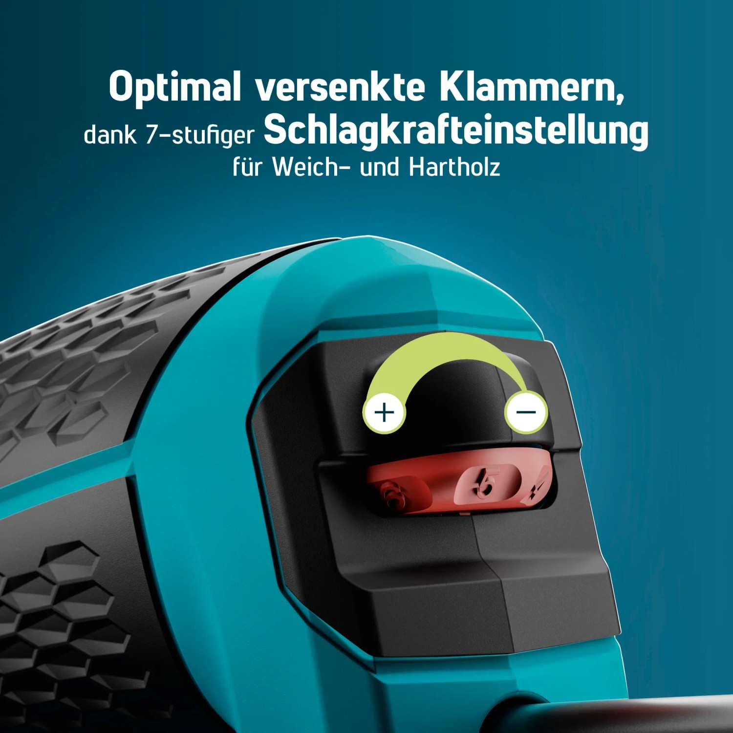 Detailaufnahme: Novus Elektrotacker J-151 mit Schlagkrafteinstellung für Folien und Zierleisten.