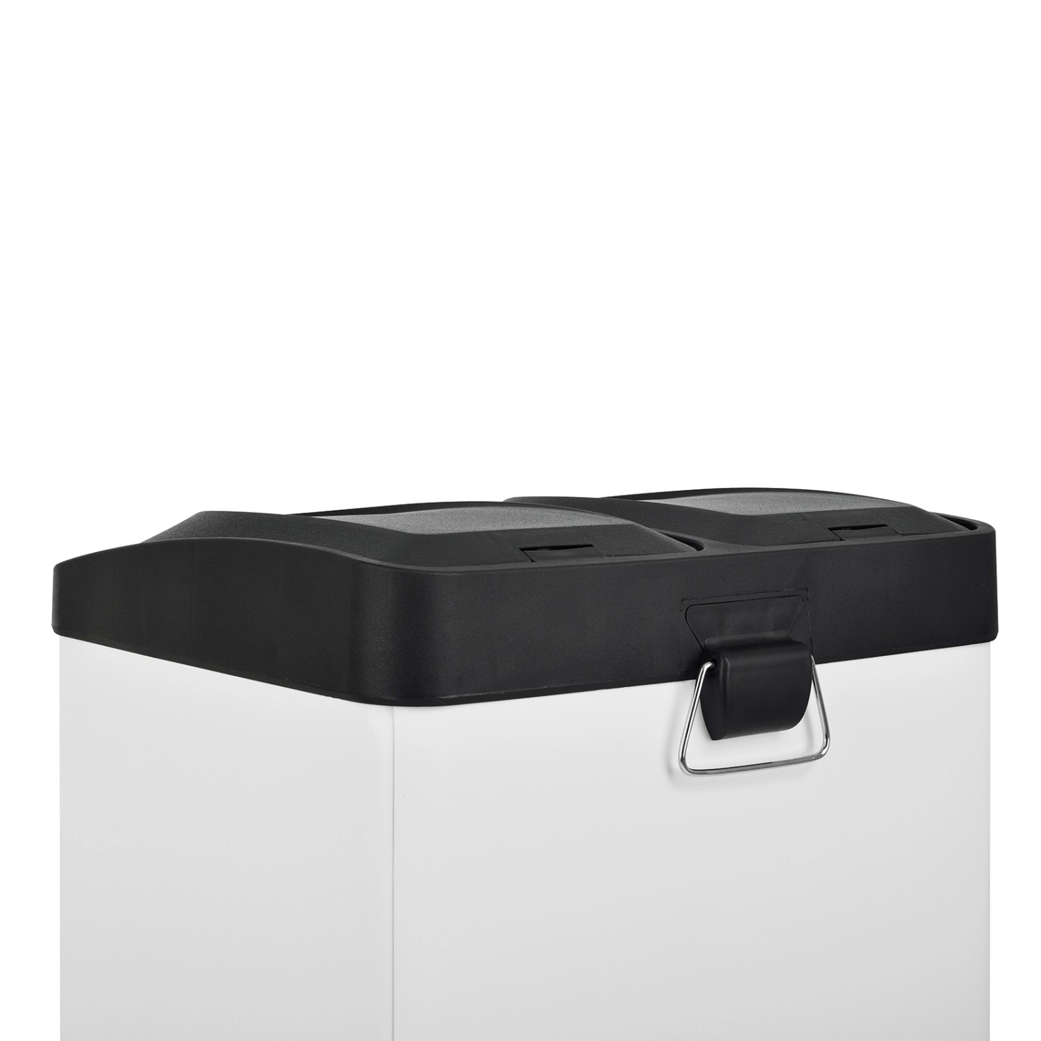 Detailansicht des weißen Svita TC2X20 Trennmülleimers mit schwarzem Deckel und 40L Fassungsvermögen.