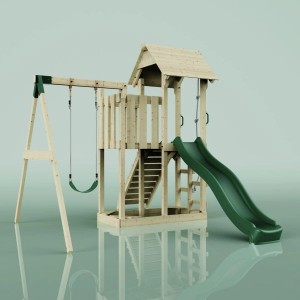PolarPlay Spielturm Bergen mit Schaukel, Kletterwand und grüner Rutsche.