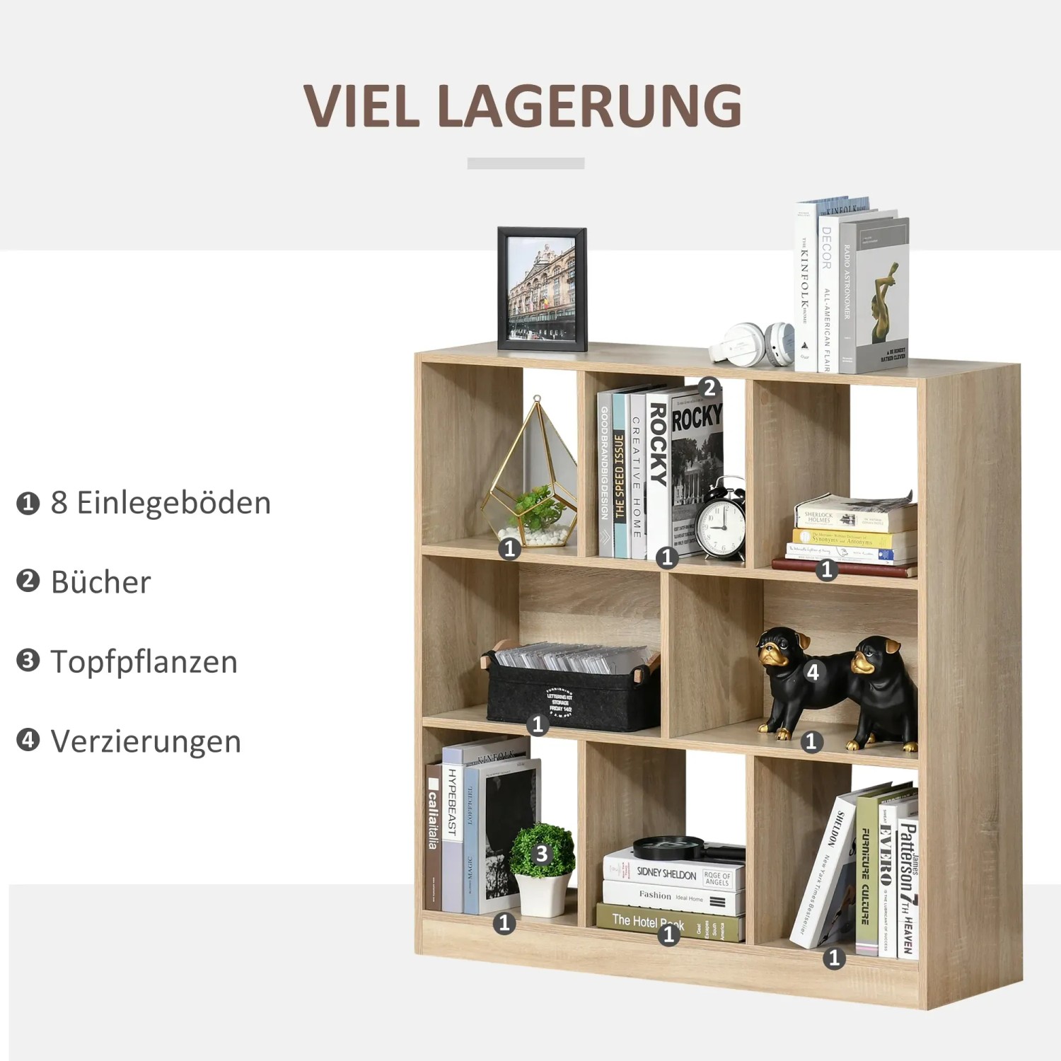 HOMCOM Bücherregal mit 3 Böden in Holzoptik, ideal für Wohnzimmer und Home-Office.