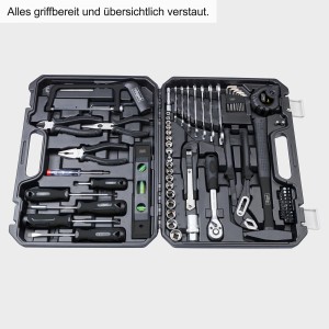 Geöffneter Scheppach Werkzeugkoffer WZB120-BE, 97-teilig mit Werkzeugen wie Hammer, Schraubenschlüssel, Zange.