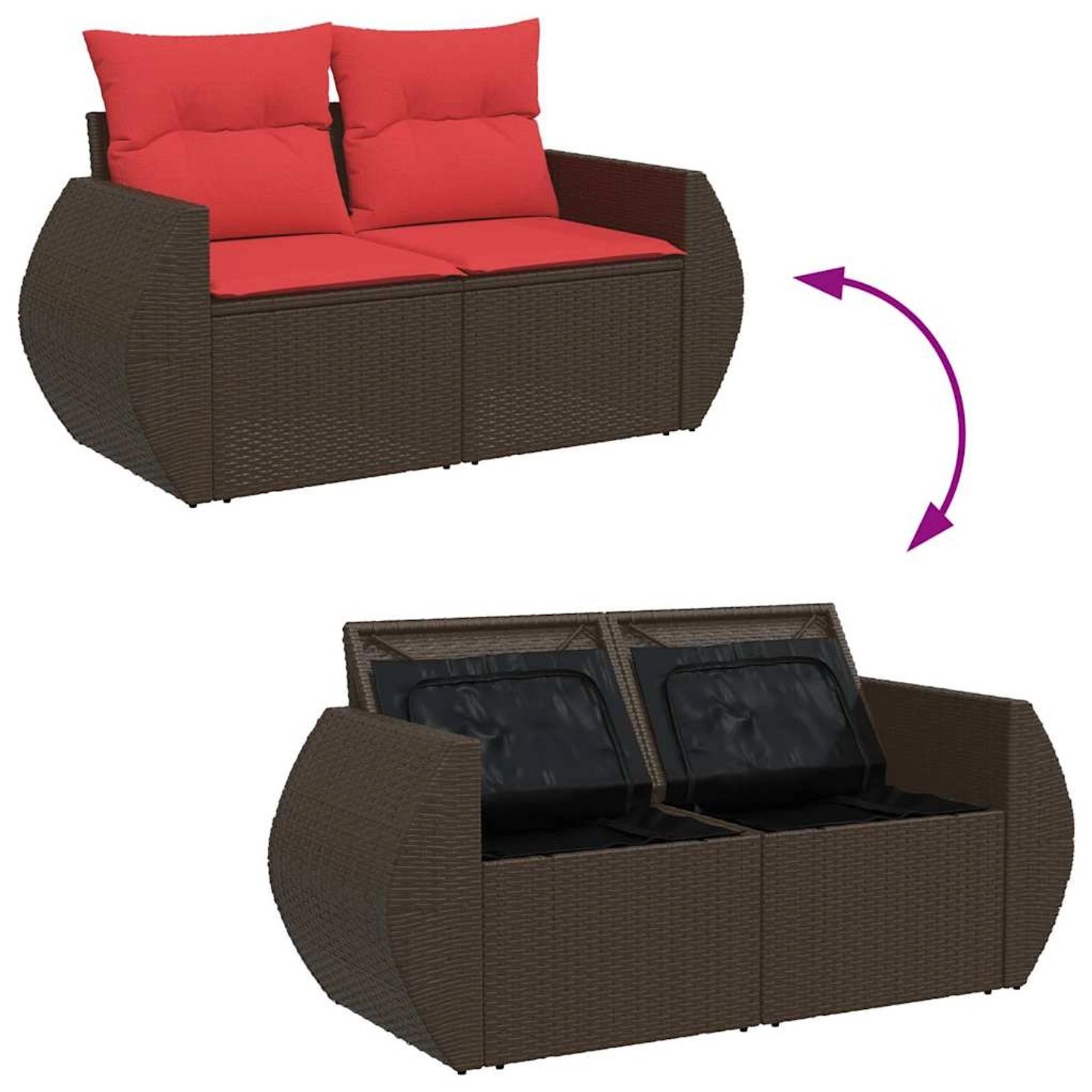 Braune 4-tlg. vidaXL Garten-Sofagarnitur aus Rattan mit roten Kissen und Stauraum.