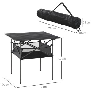 Schwarzer Outsunny Campingtisch aus Aluminium und Stahl, faltbar, mit Netzablage und Tragetasche. Maße 70x70x69 cm.