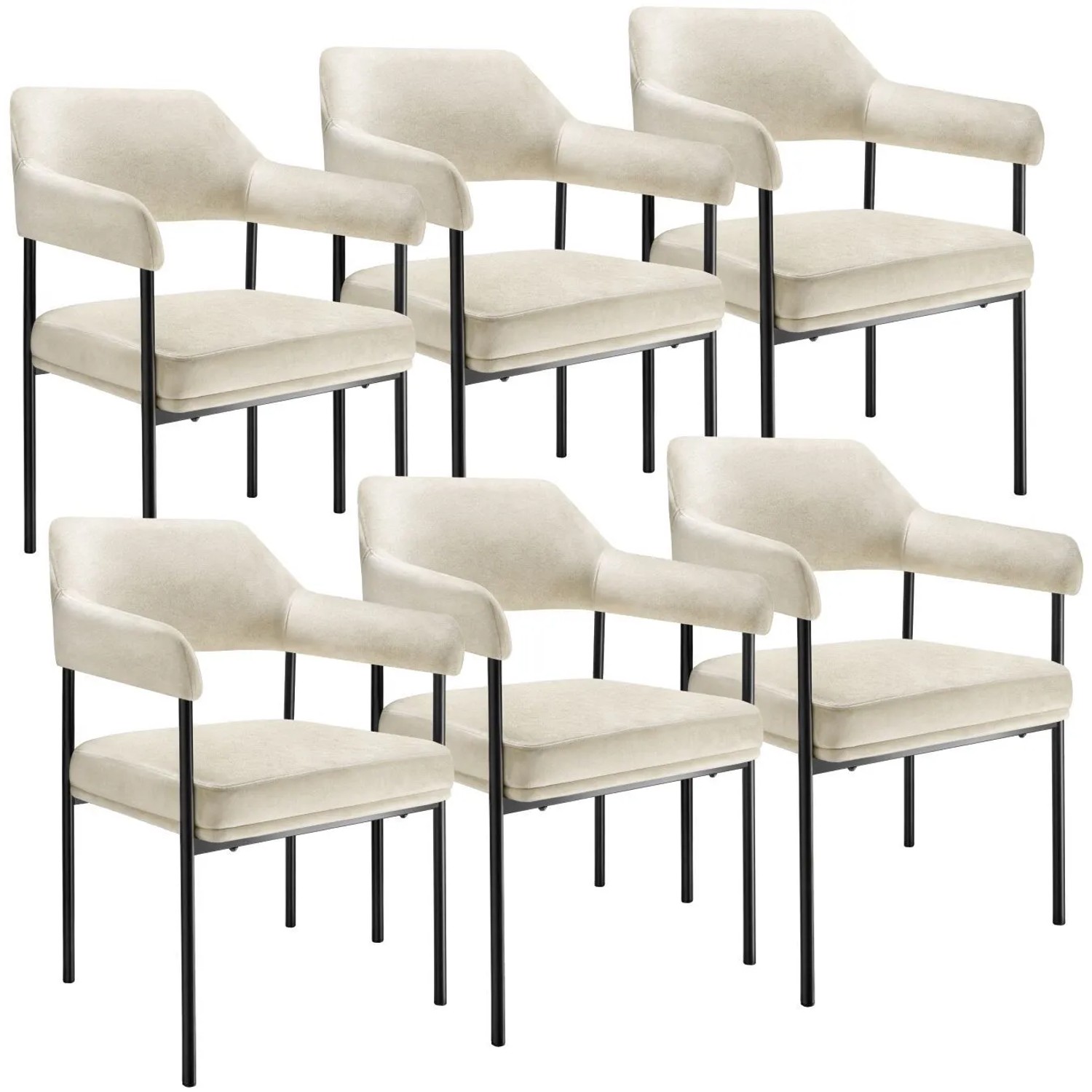 Tectake Armlehnstuhl Doé Gepolstert Durchgehende Lehne 6Er Set 62 X 58 X 85 Cm Samtoptik Off White