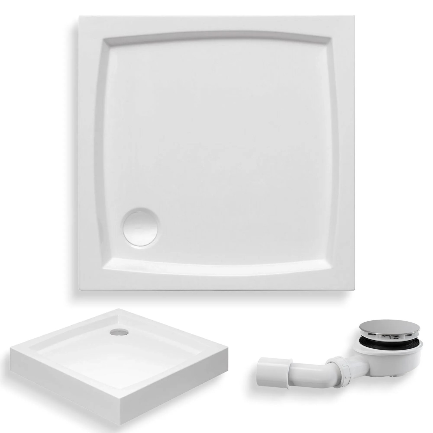 KOLMAN DUSCHWANNE Quadratisch Weiß 90x90 cm Set mit Ablaufgarnitur und Füßen