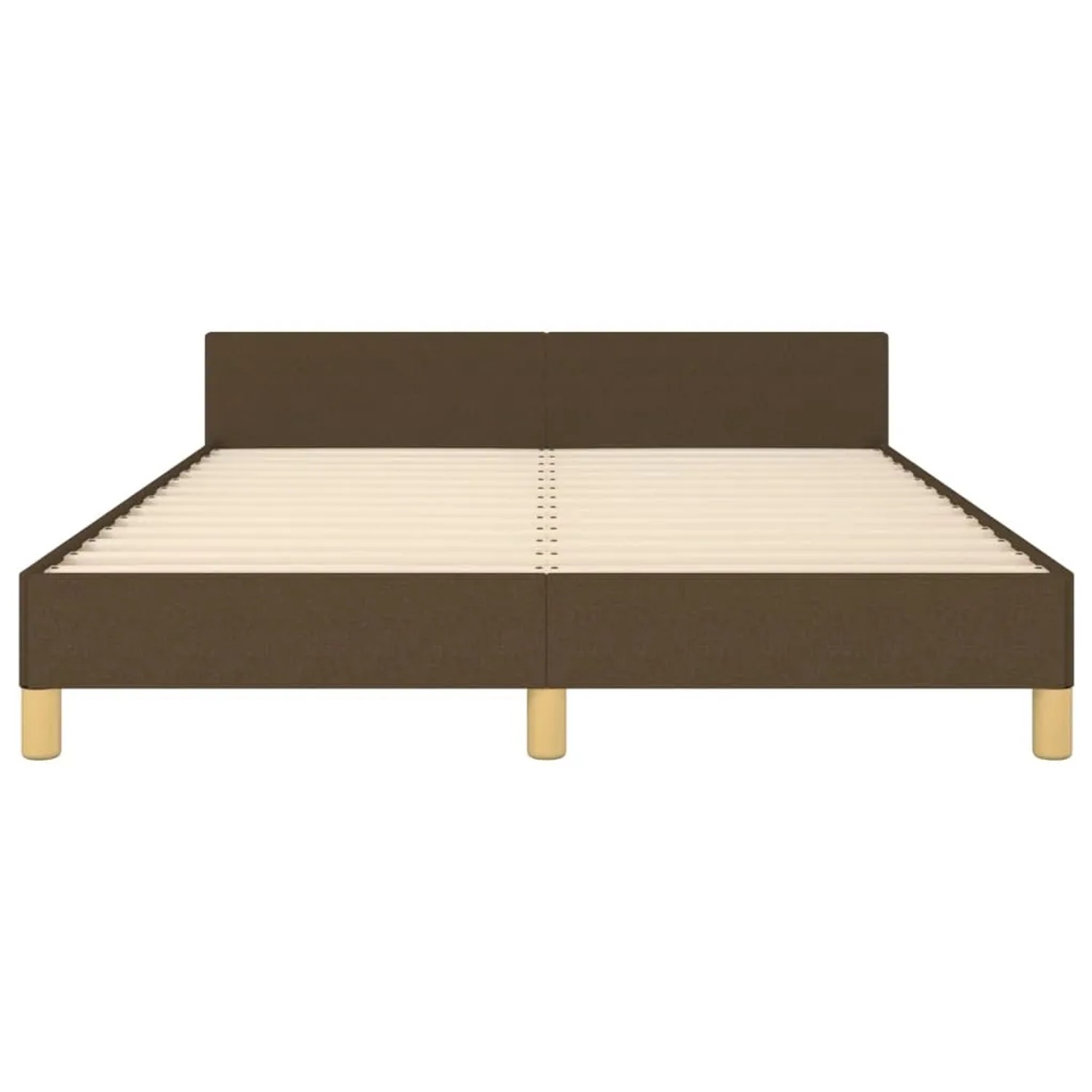 Dunkelbraunes Stoff-Bettgestell 140x200 cm mit Kopfteil. Bett mit Holzlattenrost und hellen Holzfüßen.