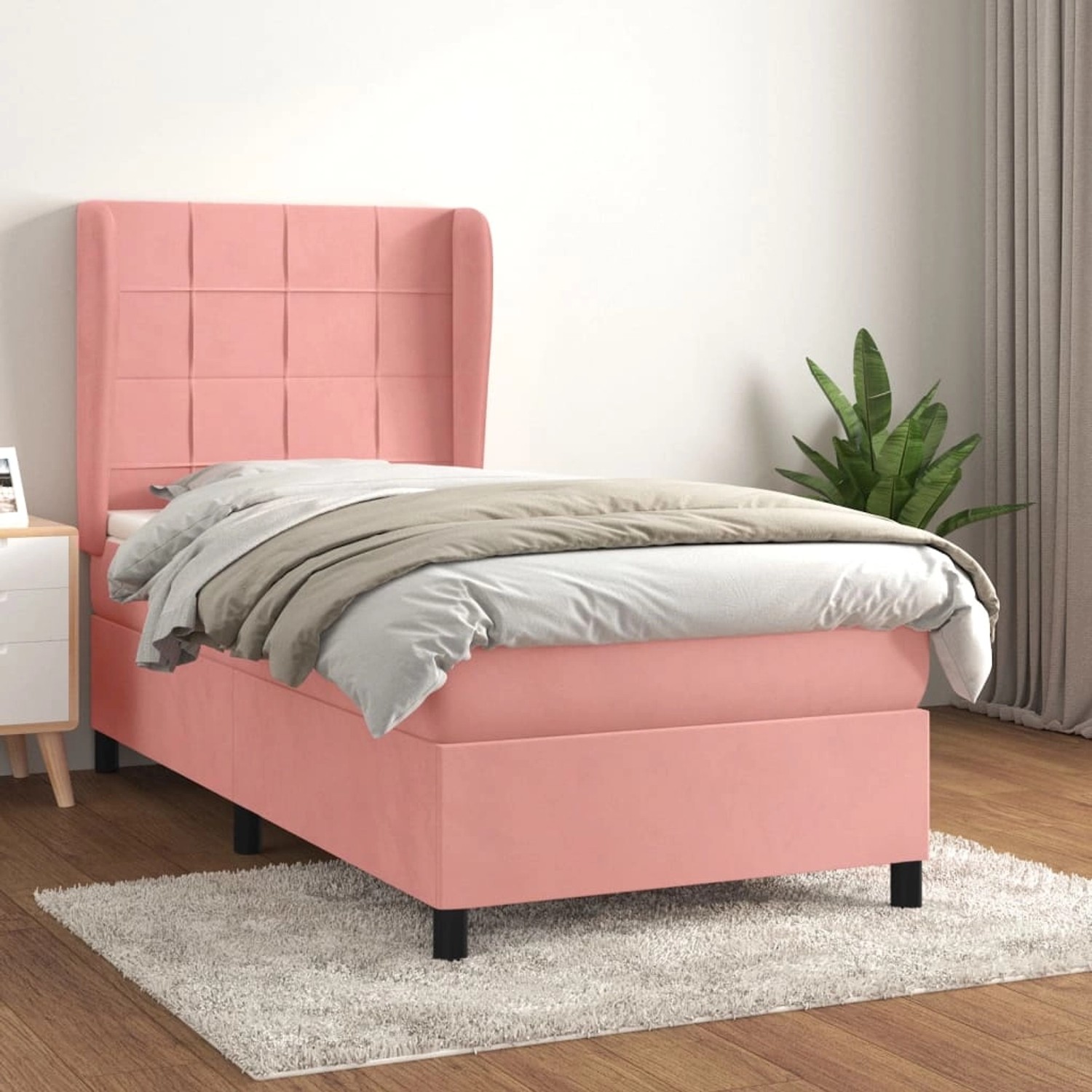 Rosa vidaXL Boxspringbett (100x200 cm) mit Samtbezug, Matratze und Kopfteil.