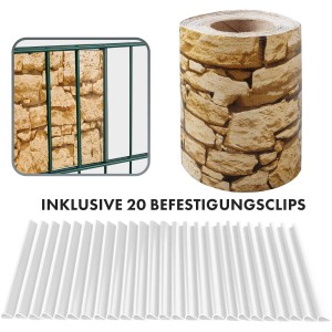 KARAT PVC Sichtschutzstreifen in Steinoptik mit Befestigungsclips für Gartenzäune.