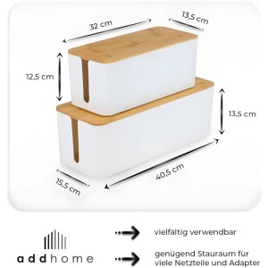 addhome 2er Kabelbox Set Weiß & Bambus Boxen in 40 5x15 5cm & 32x13 5cm inkl.
