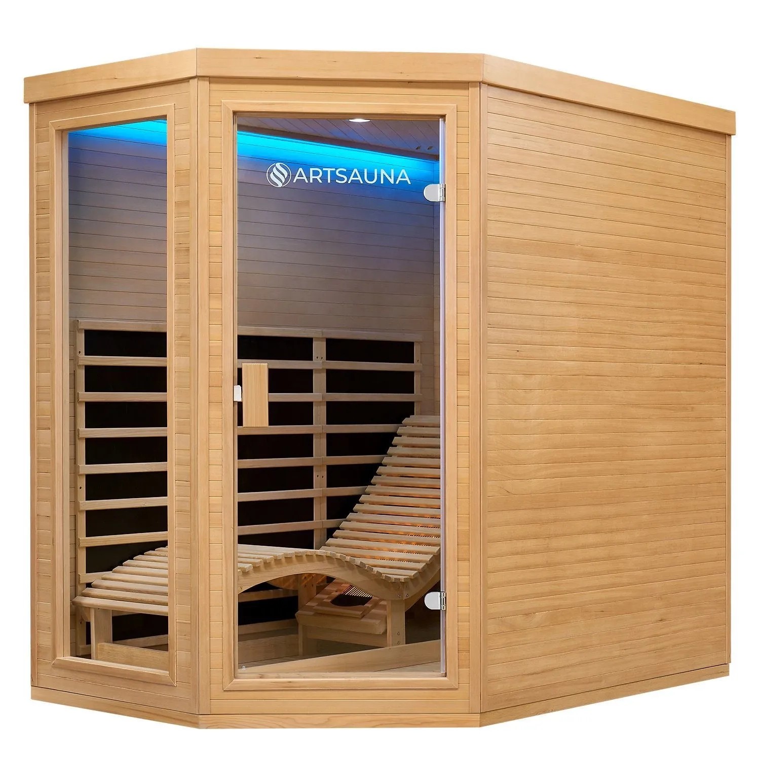 Artsauna Infrarotkabine Kolding mit Triplex Heizsystem und Hemlockholz. Innenliegende Liege und Sitzbank.