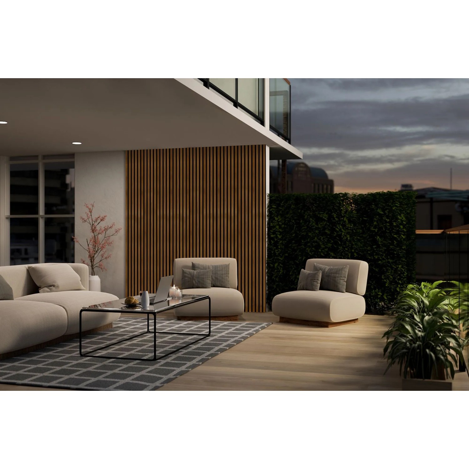 FN Neuhofer Akustikpaneel Acustico Thermo Fichte als Schallschutz-Wand auf moderner Terrasse mit Sitzmöbeln.
