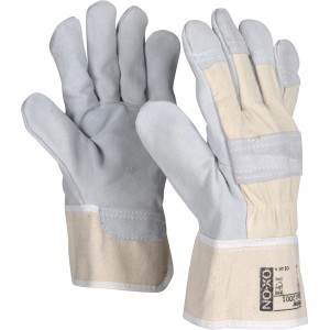 OX-ON Worker Basic 2001 Arbeitshandschuhe, grau-beige, Gr. 10, aus Rindspaltleder und Baumwolle.