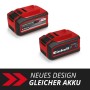 Zwei rote Einhell 18V 5-8Ah Multi-Ah PXC Akkus für Elektrowerkzeuge. Kompaktes Design mit digitaler Ladeanzeige.