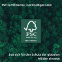 FSC-Siegel auf einem Bild von Bäumen. Das Zeichen steht für verantwortungsvolle Waldwirtschaft.