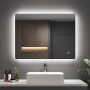 Rechteckiger LED Badspiegel 80x60 cm mit Touchschalter und Antibeschlagfunktion über Waschbecken.