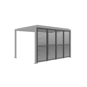 Anthrazitfarbene verstellbare Lamellenwand 93cm an grauer Pergola. Sichtschutz & Sonnenschutz für den Garten.
