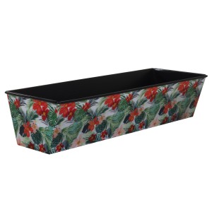 Eckiger Blumenkasten Flora Tropical mit Gold-Reflexen, 51x18x10,5 cm. Metall, grün mit Blätterprint.