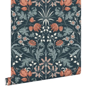 ESTAhome Vliestapete mit Jugendstil Blumenmuster in Dunkelblau, Terrakotta und Hellgrau. Dekorative Wandgestaltung.