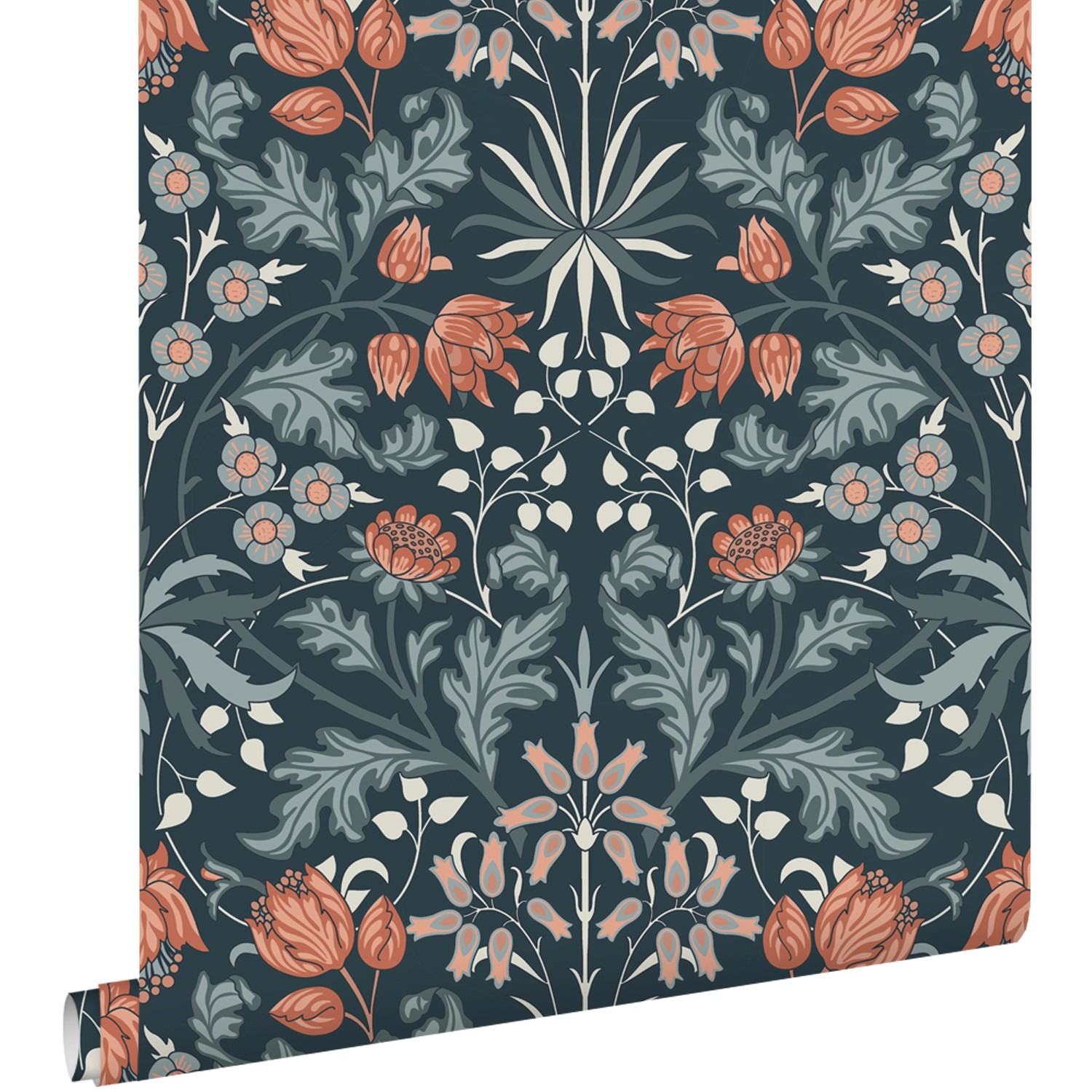 ESTAhome Tapete Blumenmuster im Jugendstil Dunkelblau und Terrakotta 50 x 9 günstig online kaufen