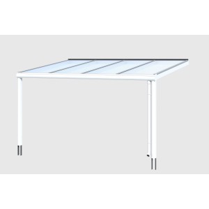 Weiße Terrassenüberdachung Genua aus Aluminium mit klarer Doppelstegplatte, 434 x 257 cm.
